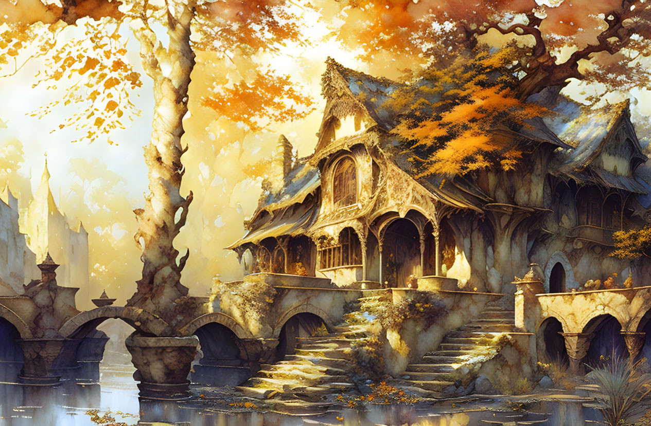 Enchanted autumnal scene: quaint cottage, serene lake, stone bridge, golden leaves