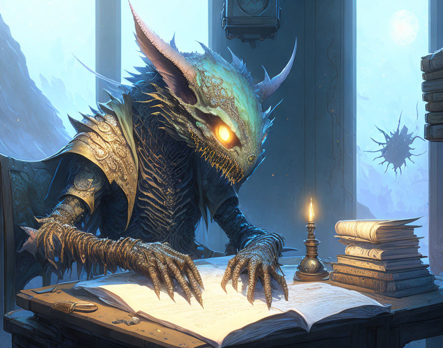 Dragon-like creature reading book by candlelight in celestial fantasy setting