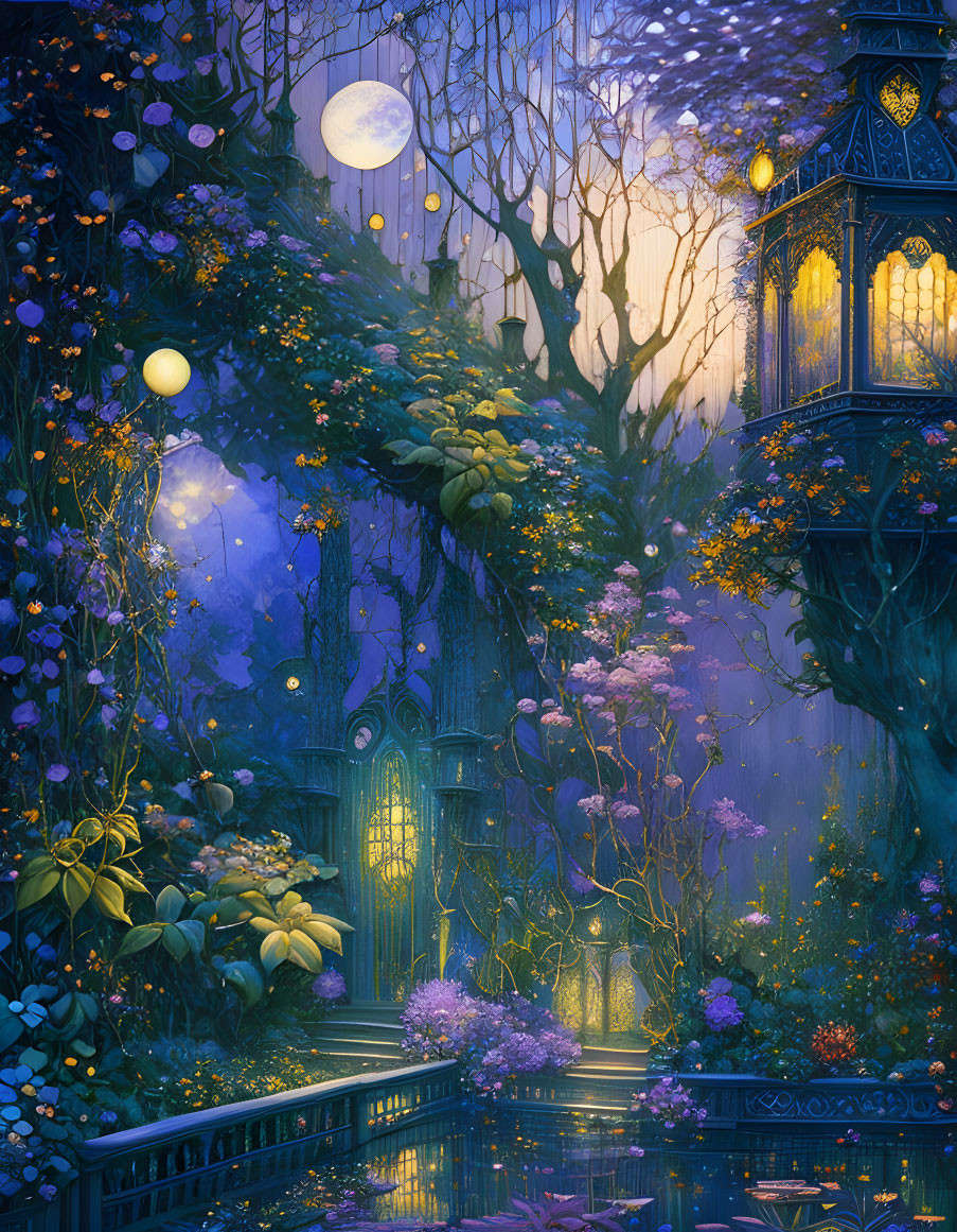 Moonlit Garden with Purple Flowers and Lanterns Surrounding Intricate Gate