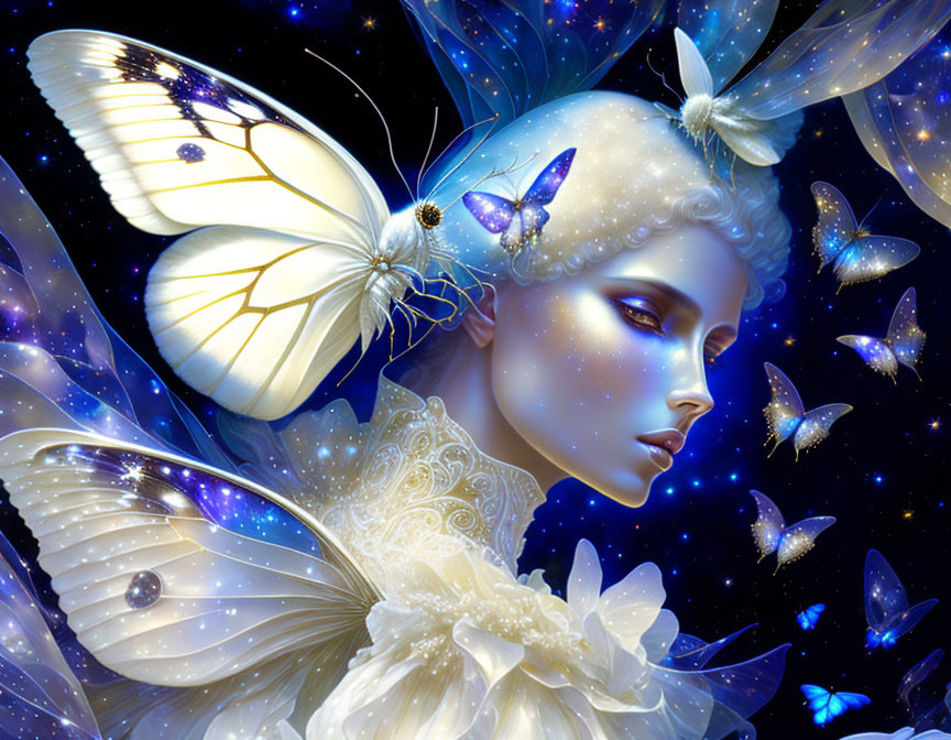 Fantastical digital art: Woman with butterfly motifs and white hair in cosmic setting