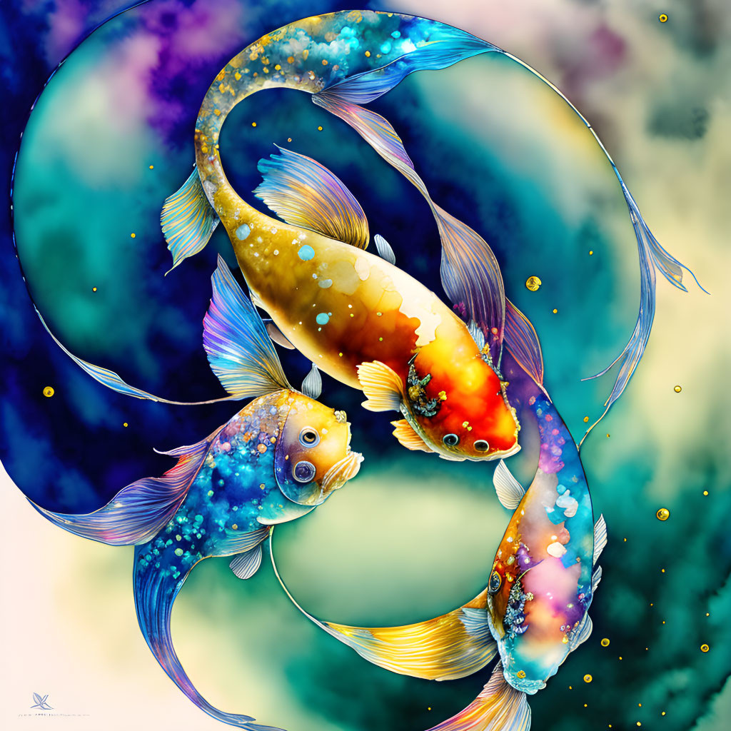 Vibrant koi fish in yin-yang on abstract blue and purple background