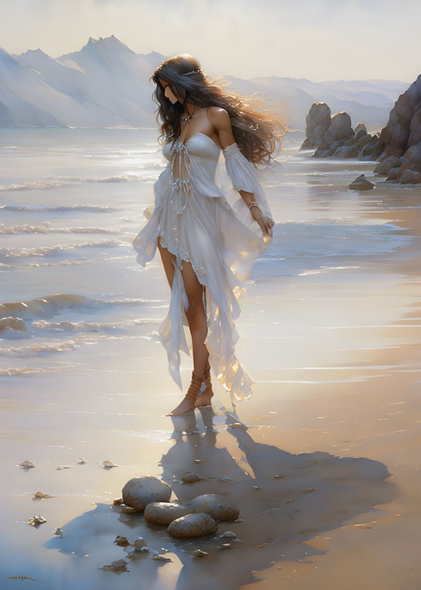 Woman in flowing white dress walks on serene beach with mountains in background