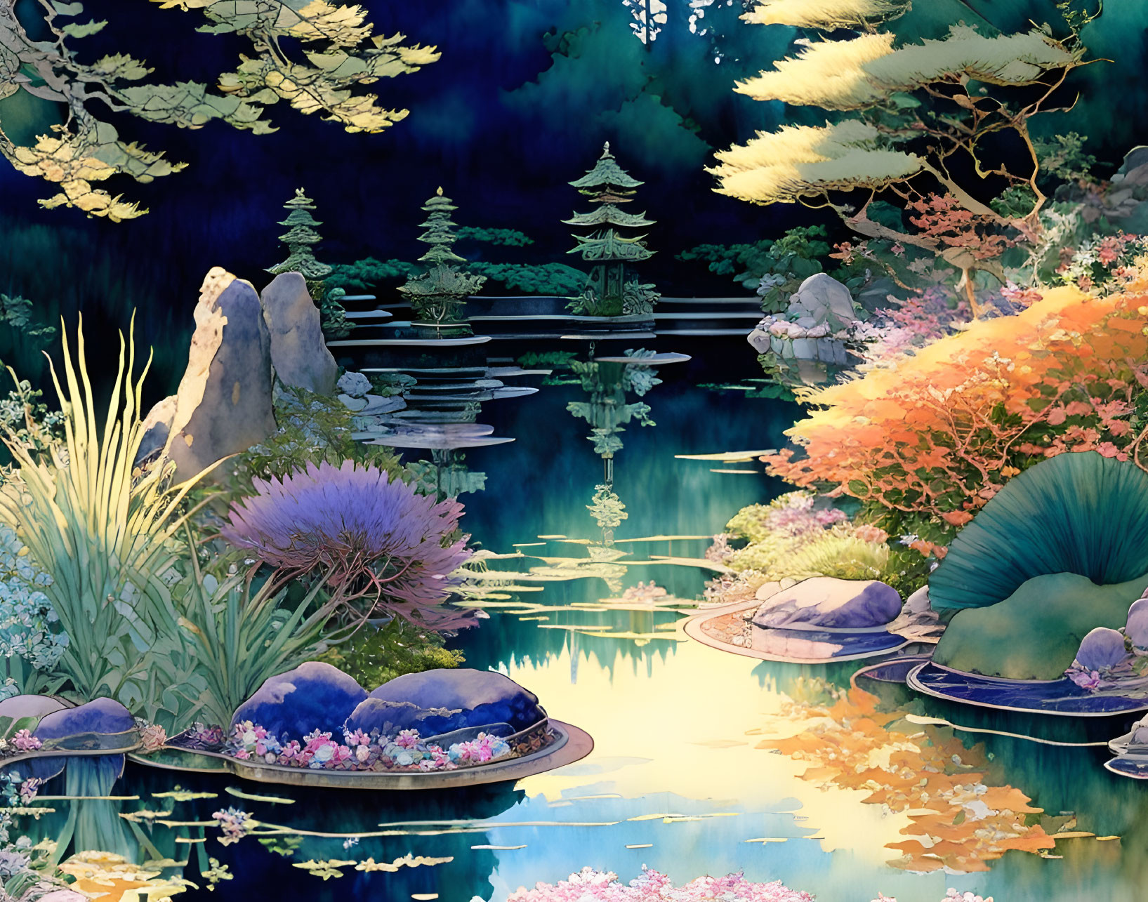 Colorful Garden Illustration with Flowers, Pond, and Trees