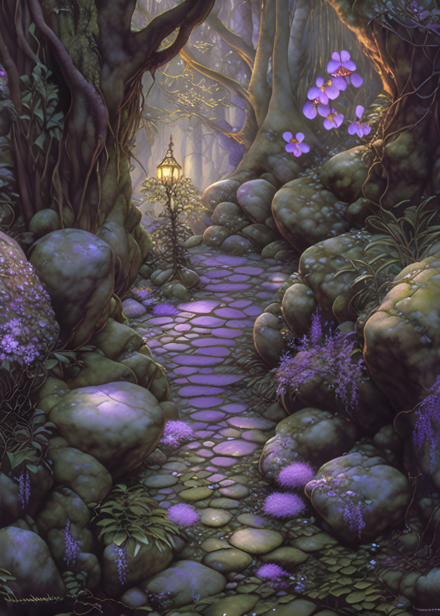 Enchanting forest path with cobblestones, lone lamppost, vibrant flora, purple hues