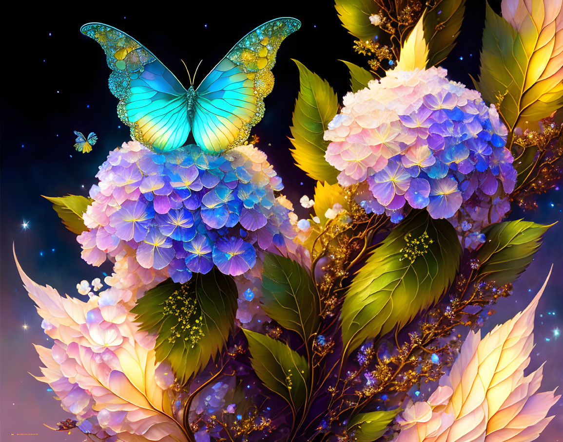 Blue Butterfly on Multicolored Hydrangeas with Glowing Stars