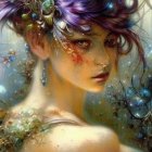 Ethereal fantasy character with pointed ears and jeweled headpiece in lush setting