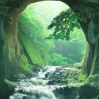 Tranquil waterfall under natural archway and soft light