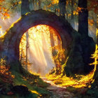 Mystical forest scene with stone archway and glowing flora