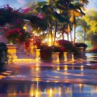 Scenic Tropical Beach Sunset with Palm Trees and Flowers