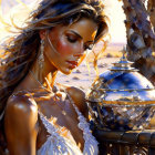 Woman in White Dress by Wooden Fence in Desert Setting with Silver Spherical Object