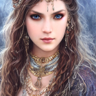 Intricate gold jewelry on woman with blue eyes and braided hair