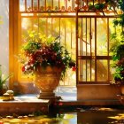 Tranquil conservatory with arched windows, vibrant flowers, and serene pond.