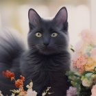 Majestic black cat with yellow eyes and floral necklace portrait