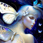 Fantastical digital art: Woman with butterfly motifs and white hair in cosmic setting