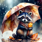 Raccoon with umbrella in gentle rain surrounded by autumn leaves