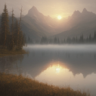 Mystical landscape with reflective lake, ornate buildings, glowing sun, and ethereal mist