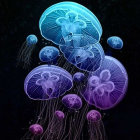 Bioluminescent blue flowers resembling jellyfish on dark background