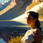 Vintage-clad woman by lake with sunlit cliffs in background