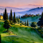 Tranquil Tuscan landscape at dusk with rolling hills and cypress trees