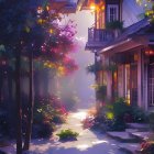 Colorful street scene with glowing lamps and blooming flowers in twilight.