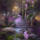 Enchanting forest path with cobblestones, lone lamppost, vibrant flora, purple hues