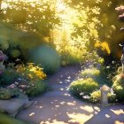 Lush greenery and vibrant flowers in a mystical garden landscape