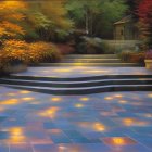 Tranquil garden with lily-pad pond, stone stairs, lush foliage