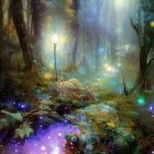 Mystical fantasy forest with towering trees and serene river