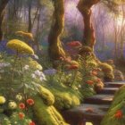 Sunlit Enchanted Forest with White and Blue Flowers, Serene Stream, Moss-Covered