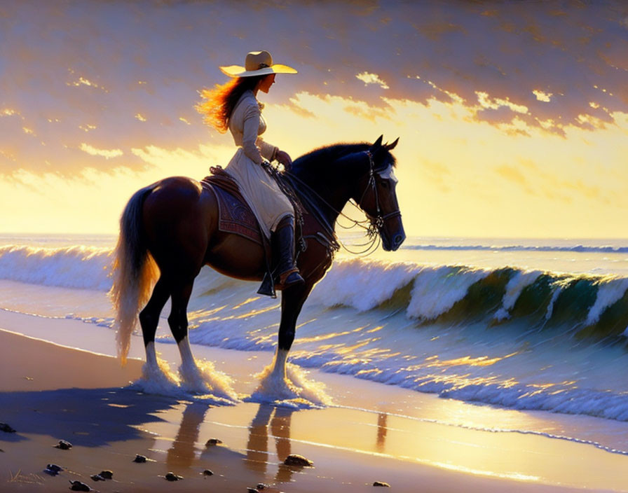 Person in Wide-Brimmed Hat Riding Horse on Beach at Sunset