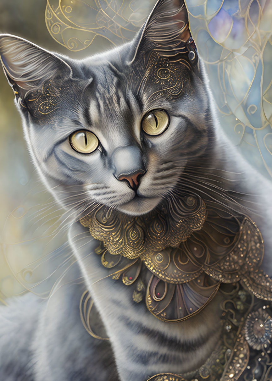 Detailed Illustration: Majestic Gray Cat with Ornate Golden Ruff