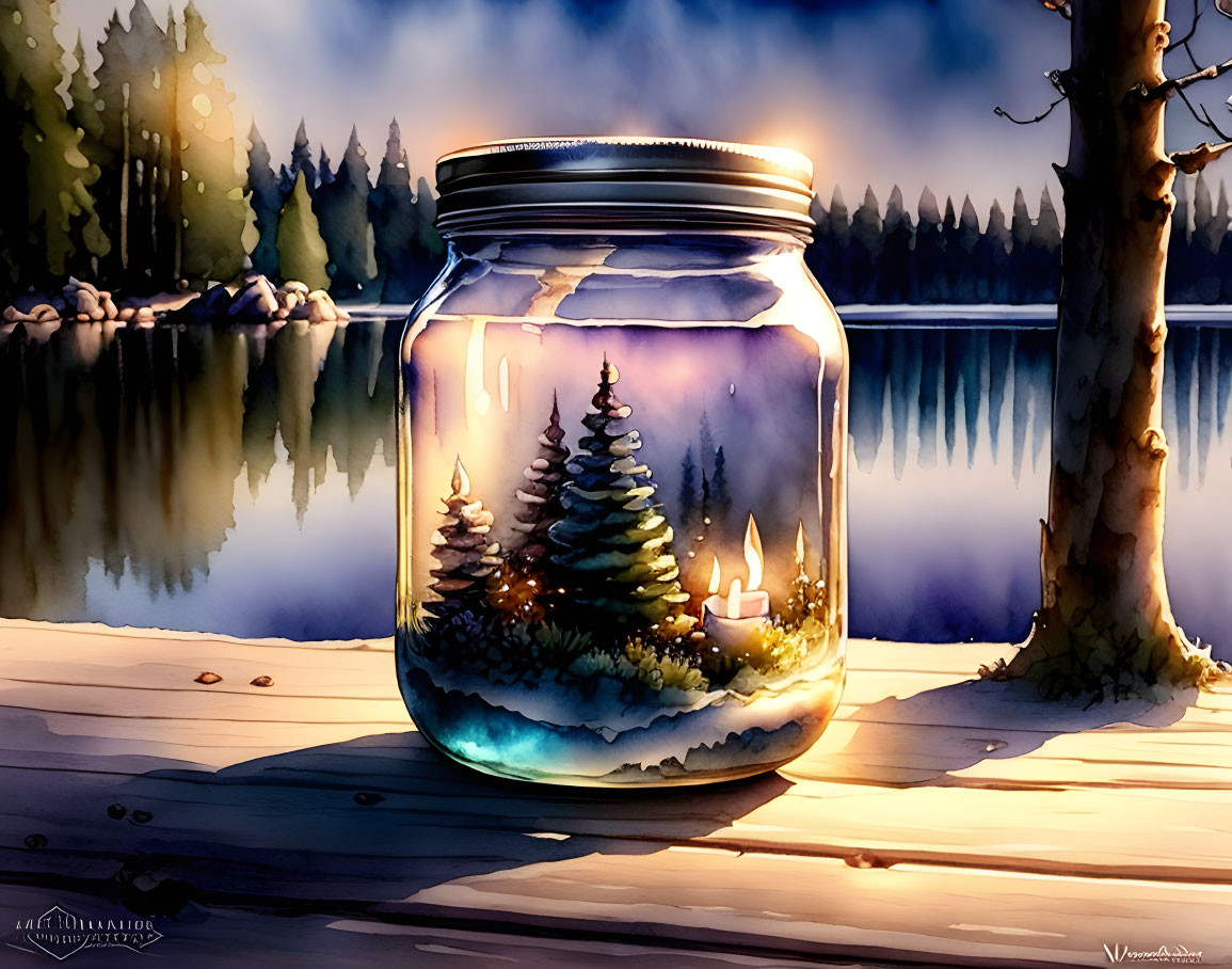 Glass jar with snowy landscape and candle on wooden surface at twilight