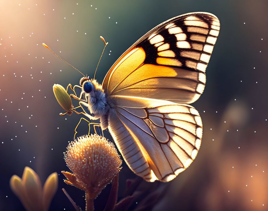 Butterfly with Patterned Wings Perched on Bud in Softly Blurred Background