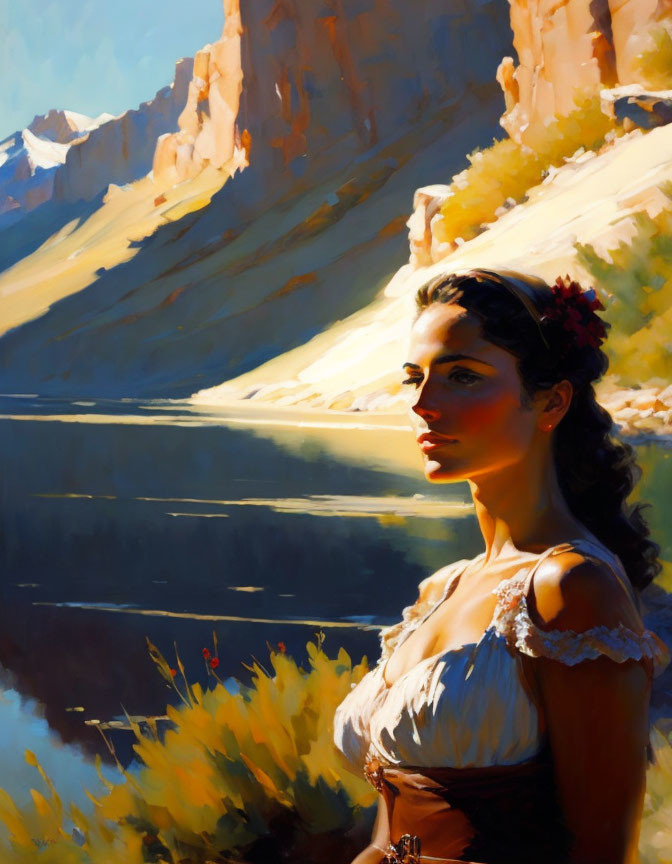 Vintage-clad woman by lake with sunlit cliffs in background