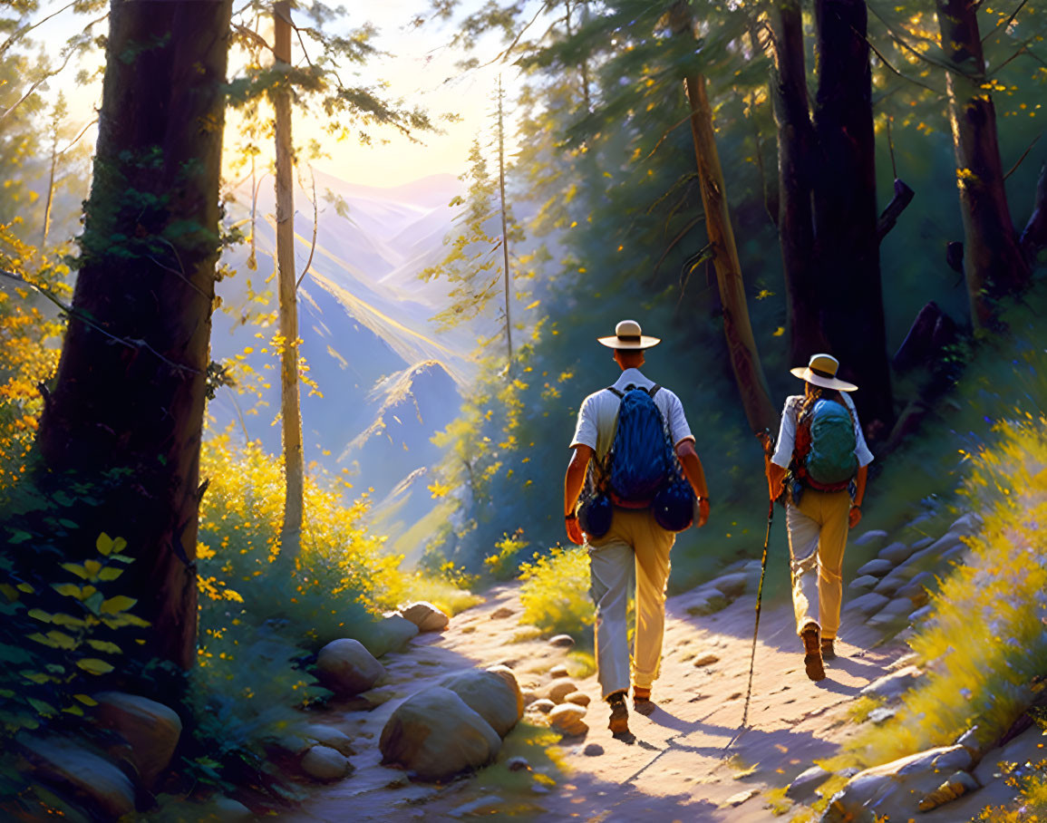 Hikers on forest trail at sunrise or sunset with filtered light