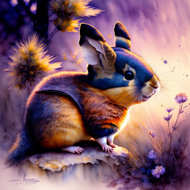 Colorful Rabbit Illustration on Soft Purple Background with Florals