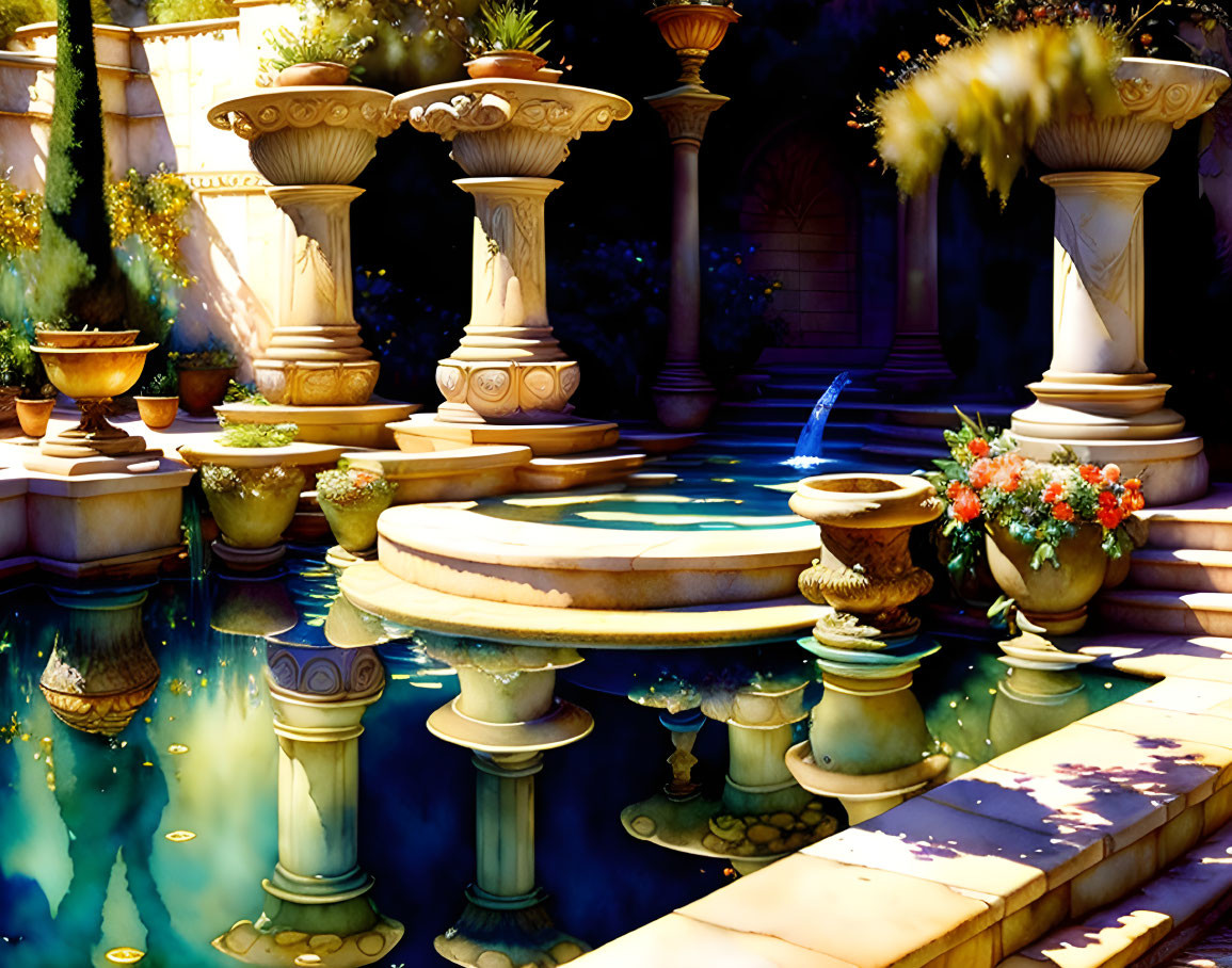 Ornate fountains and stone pathways in tranquil courtyard