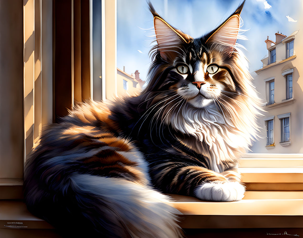 Fluffy long-haired cat with distinctive markings on sunlit windowsill