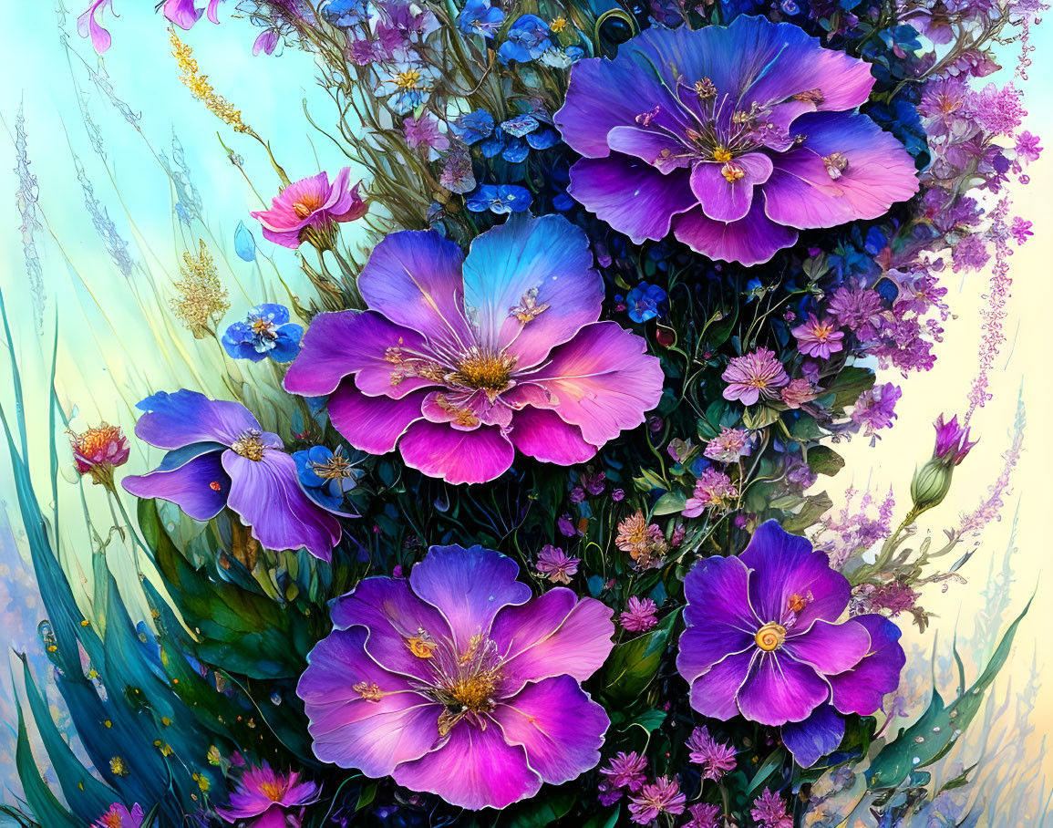 Colorful Purple and Yellow Flowers in Blue and Green Setting