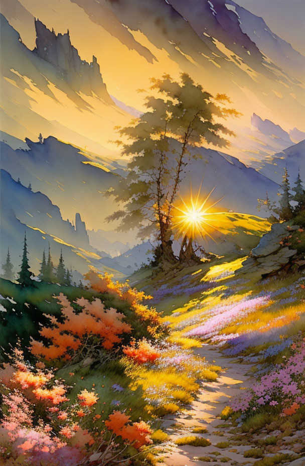 Scenic mountain landscape at sunset with winding path and vibrant wildflowers