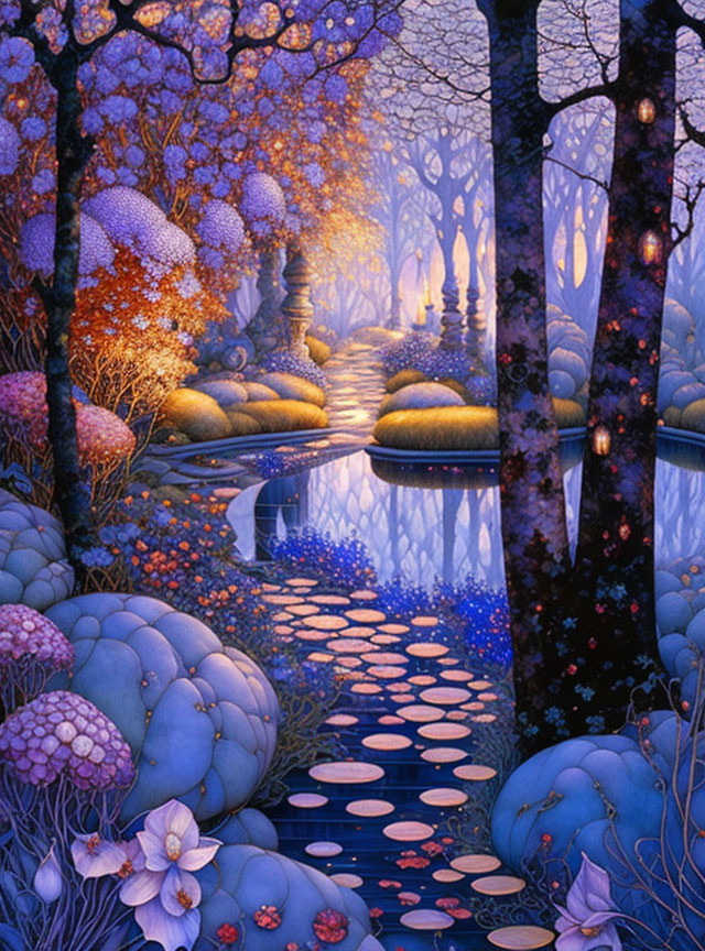 Fantastical landscape painting with purple and blue hues, luminous flora, river, stones, and