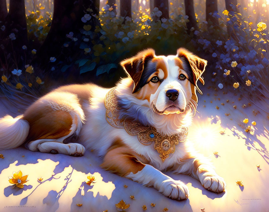 Brown and White Dog in Sunlit Forest Clearing with Flowers