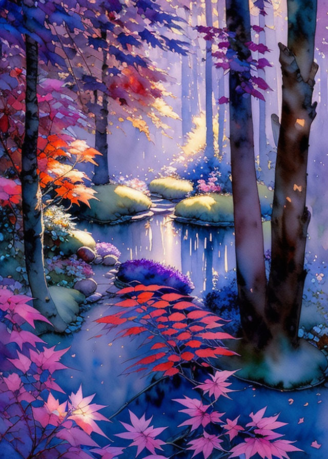 Serene forest stream watercolor with autumn foliage