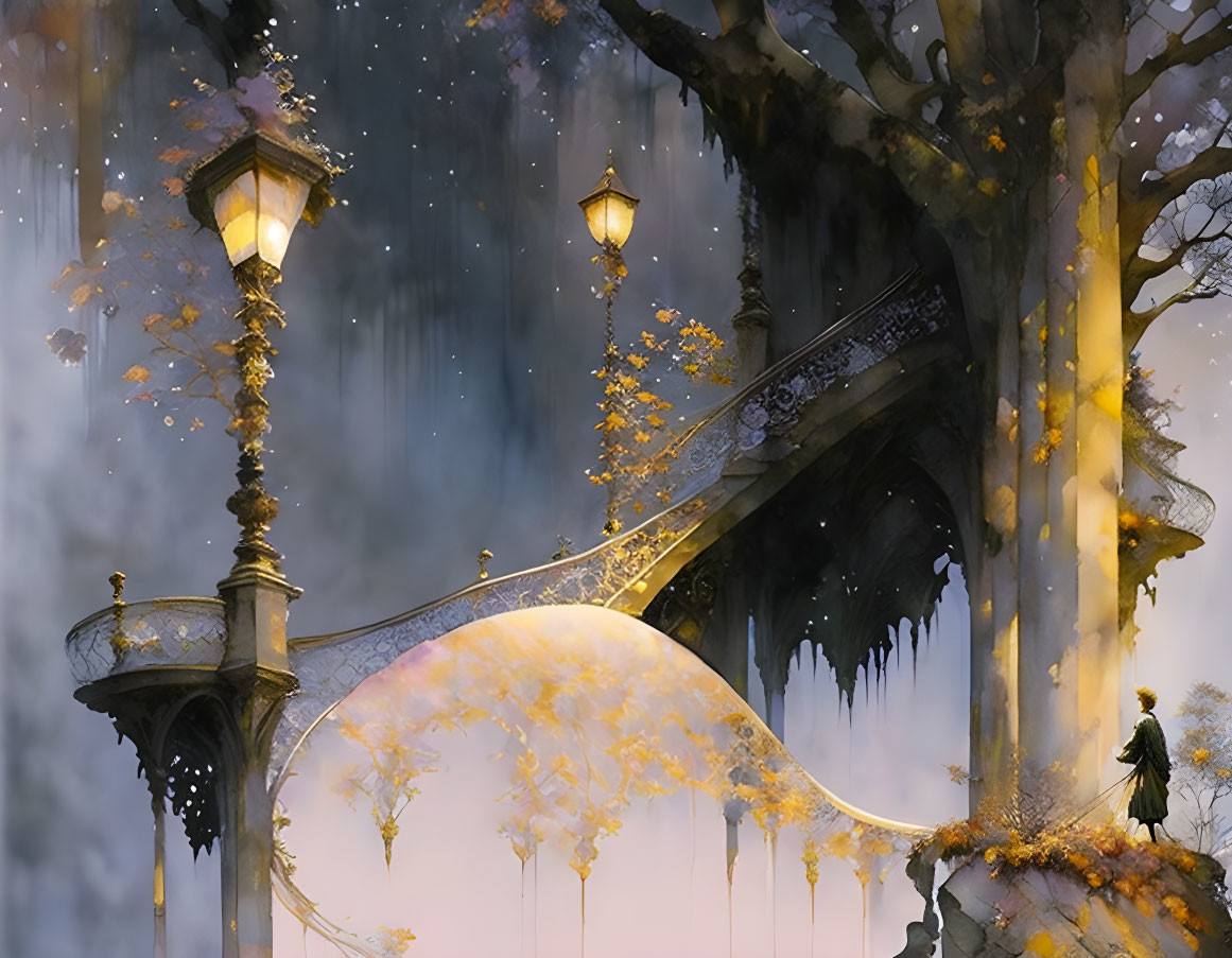 Twilight scene: illuminated lamppost, golden tree, icy staircase, lone figure