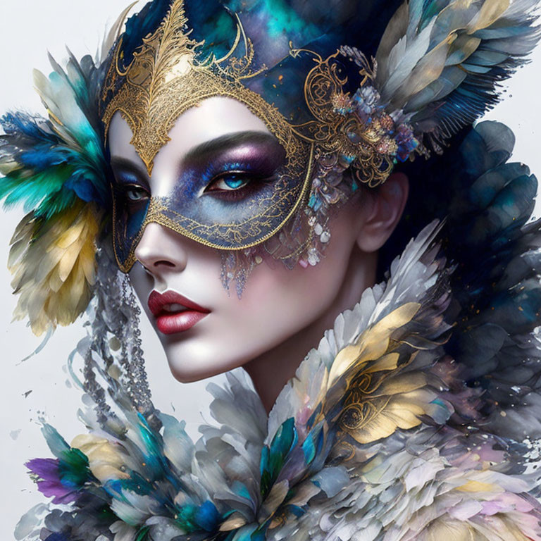 Ornate Masquerade Mask with Gold and Gemstones Among Multicolored Feathers