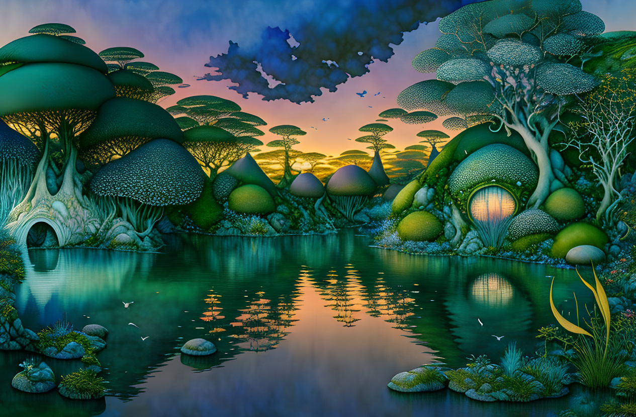 Fantasy landscape: oversized mushroom trees, reflective lake, vibrant foliage, glowing doorway