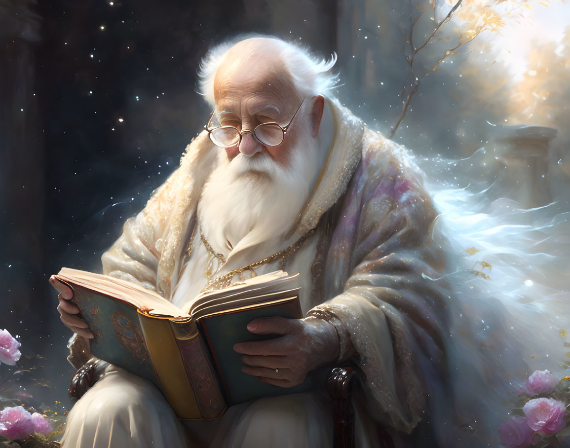 Elderly man with white beard reading book in mystical setting