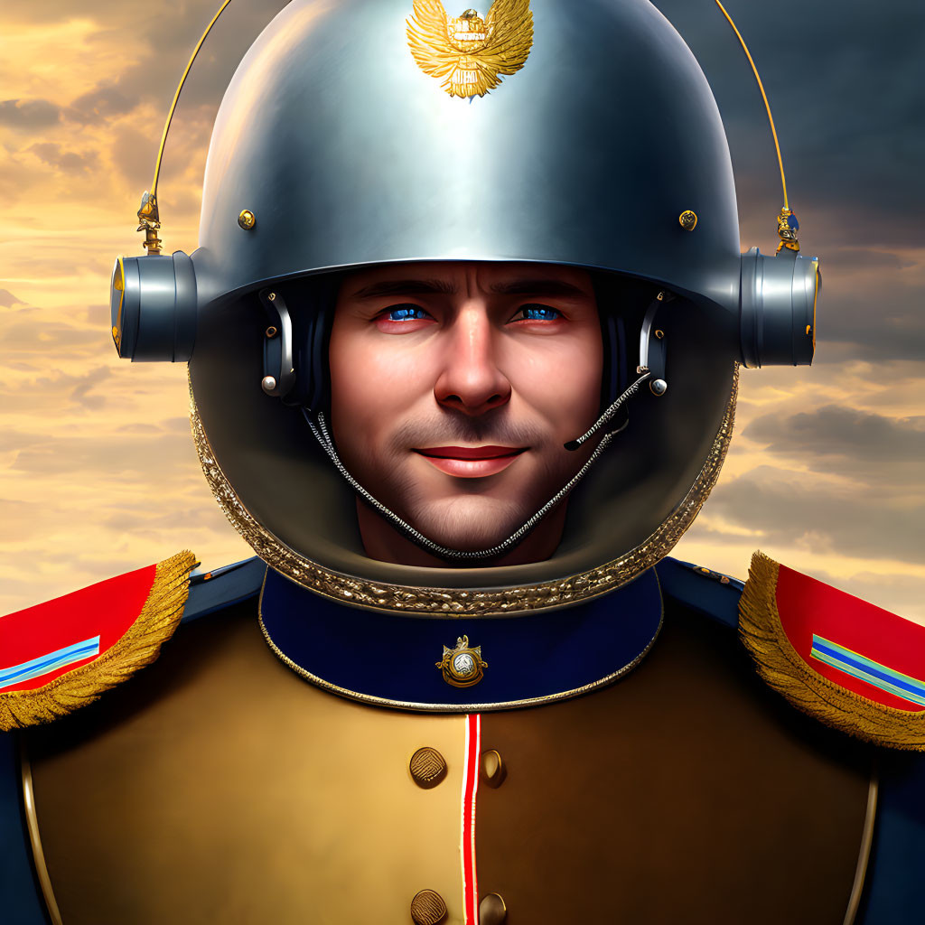 Male figure in ceremonial military helmet against sunset sky