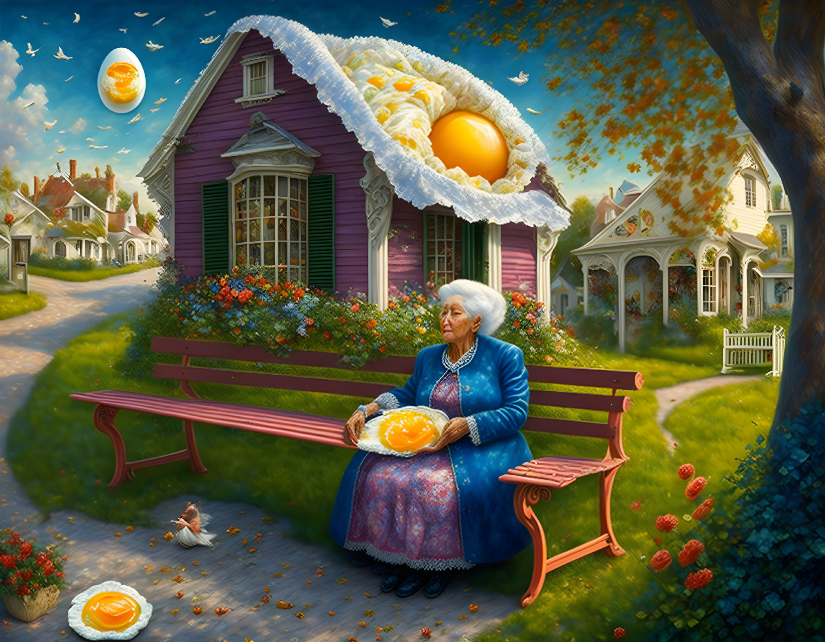 Elderly woman with pie on park bench, fairytale house in background
