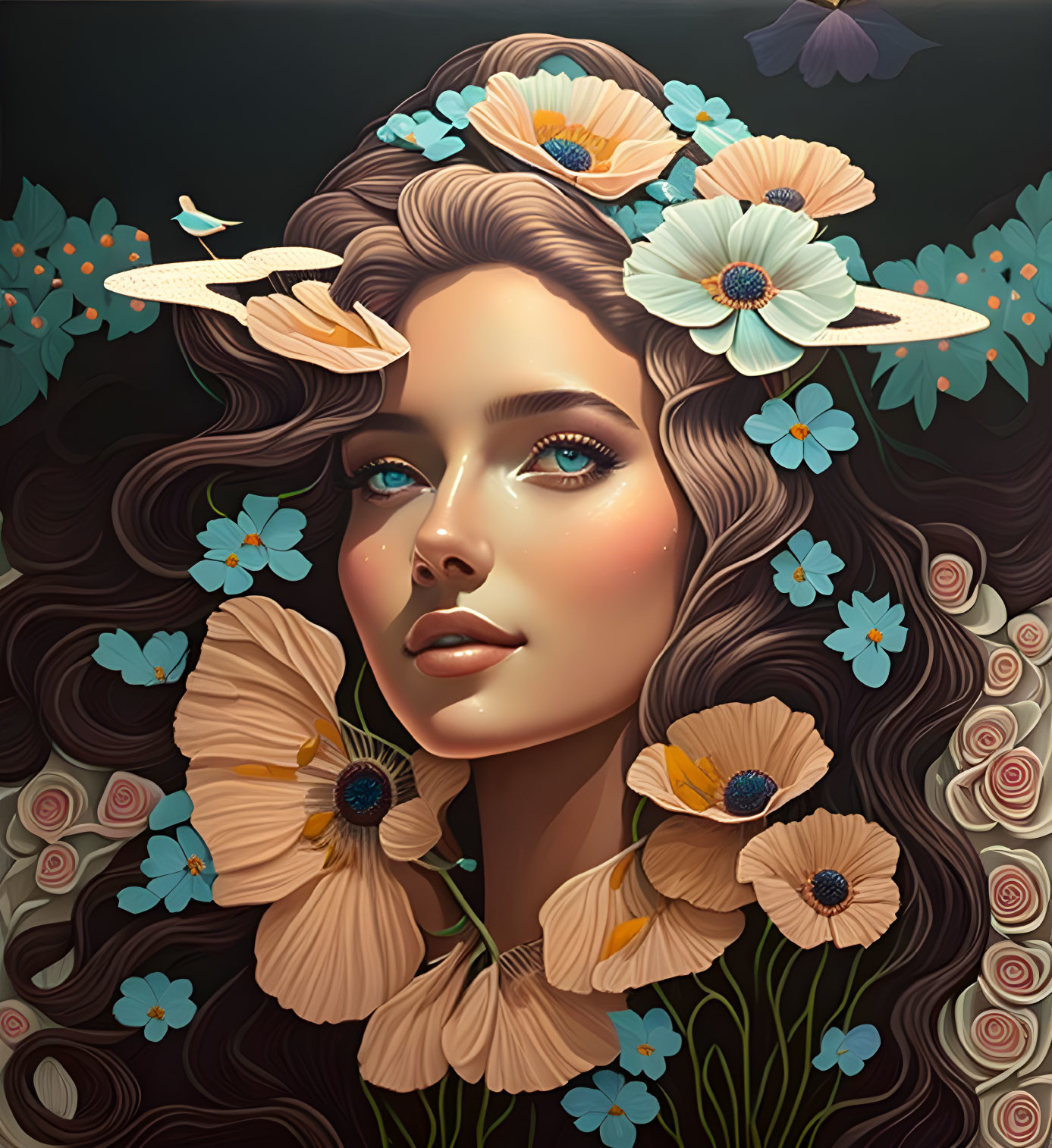 Illustrated portrait of woman with flowers and butterflies in flowing hair on dark background